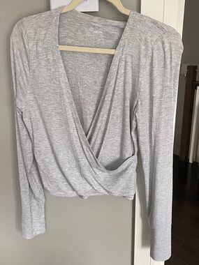 aerie Light Gray Ribbed Wrap-Front Long Sleeve Top